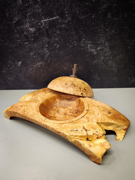 Wood Bowl - Lathe Turned, Captive, Maple Burl Winged Bowl with Lid