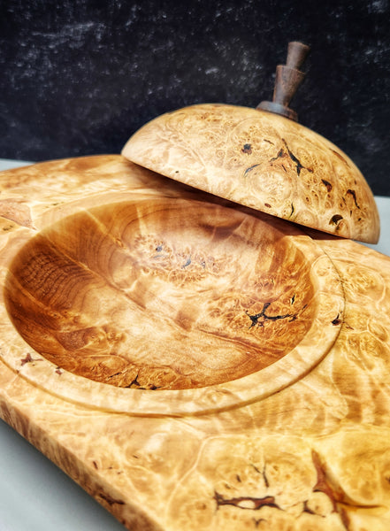 Wood Bowl - Lathe Turned, Captive, Maple Burl Winged Bowl with Lid