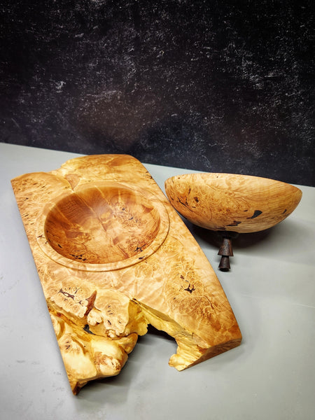 Wood Bowl - Lathe Turned, Captive, Maple Burl Winged Bowl with Lid
