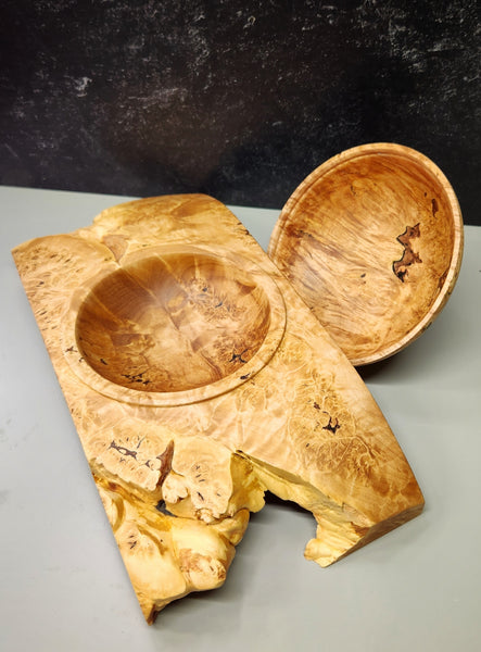 Wood Bowl - Lathe Turned, Captive, Maple Burl Winged Bowl with Lid