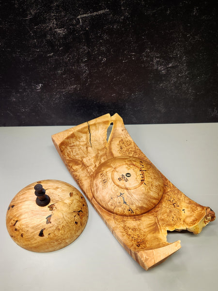 Wood Bowl - Lathe Turned, Captive, Maple Burl Winged Bowl with Lid