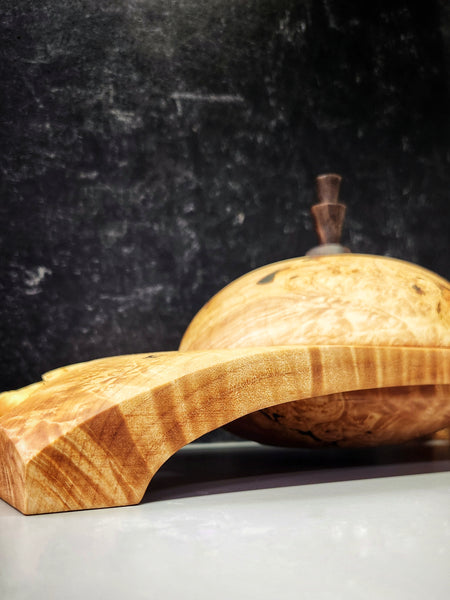 Wood Bowl - Lathe Turned, Captive, Maple Burl Winged Bowl with Lid