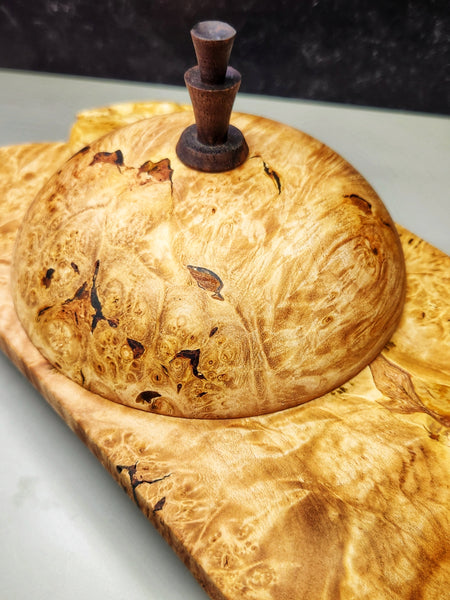 Wood Bowl - Lathe Turned, Captive, Maple Burl Winged Bowl with Lid
