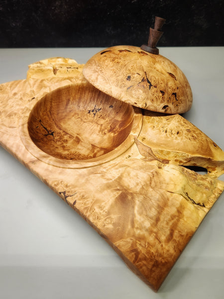 Wood Bowl - Lathe Turned, Captive, Maple Burl Winged Bowl with Lid